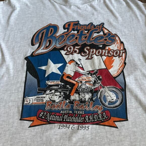 Vintage Harley Davidson Drag Racing T-Shirt Men's Size L Gray 1995 Beetle Bailey - Picture 2 of 6